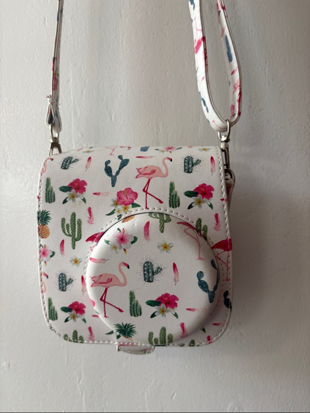 Flamingo Print Crossbody Camera Bag - White